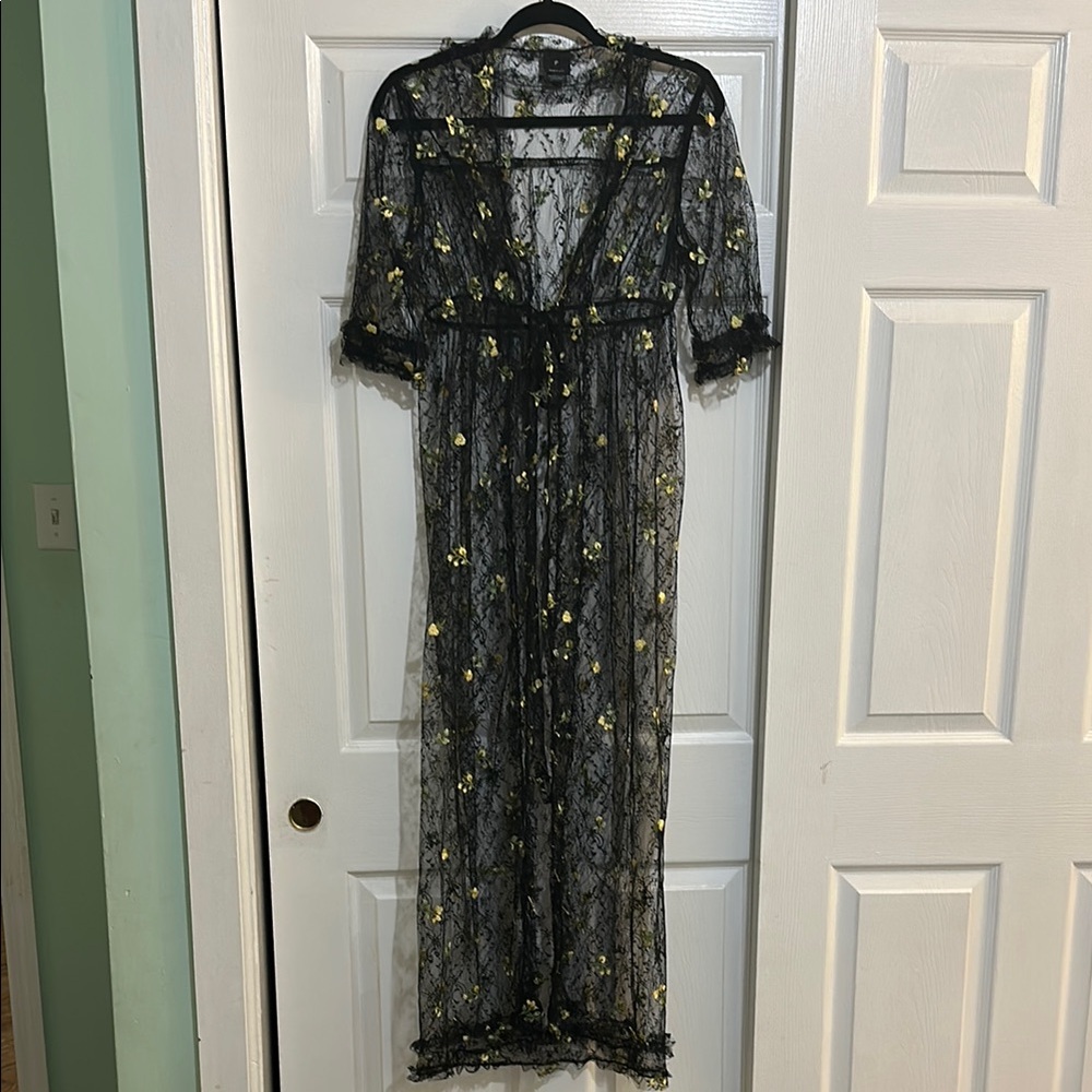 Anna Sui Black Sheer Lace Cover-up with Yellow Floral Accents